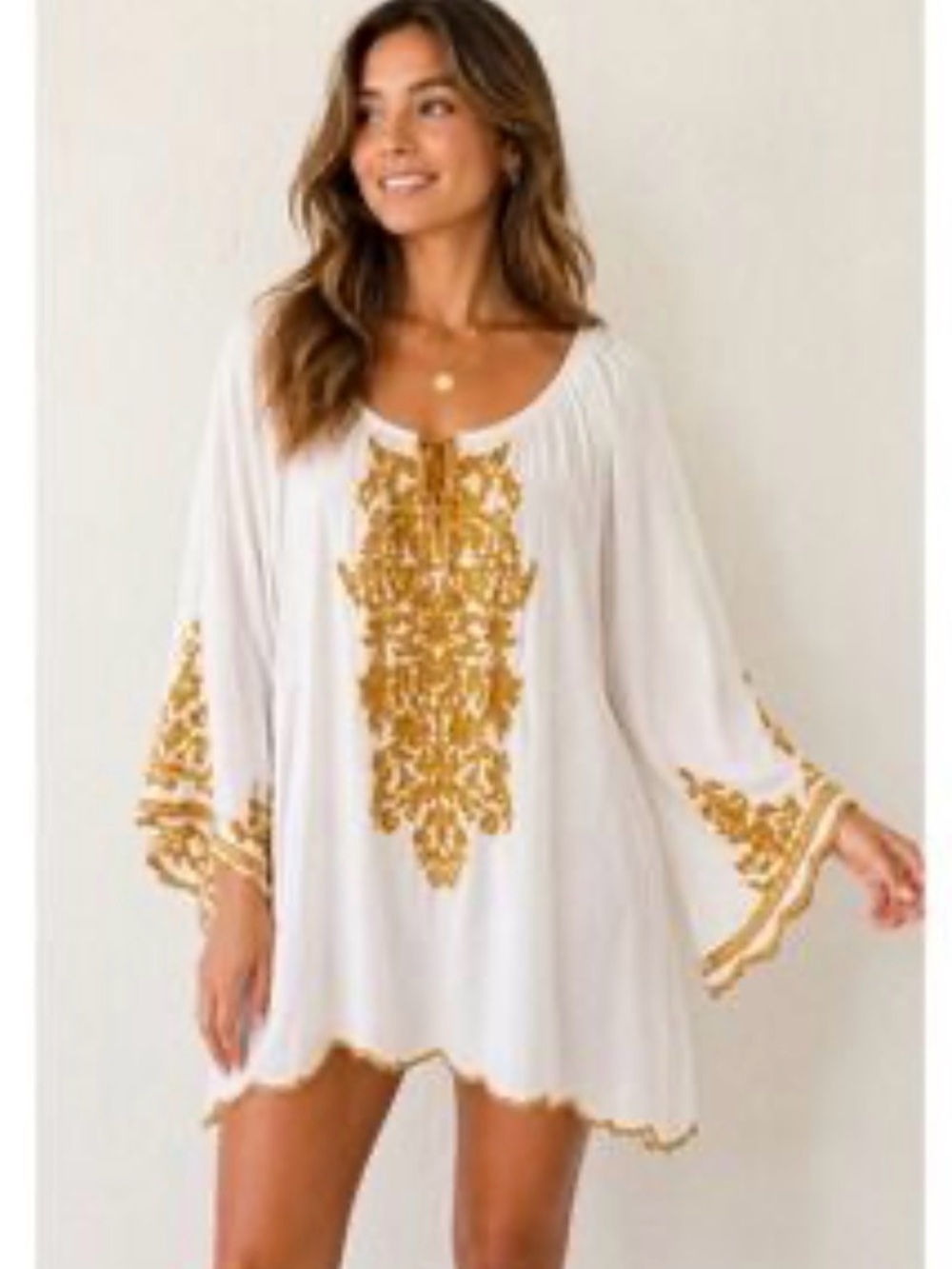 Chic Connection White Tunic Dress with Gold Embroidered Detail